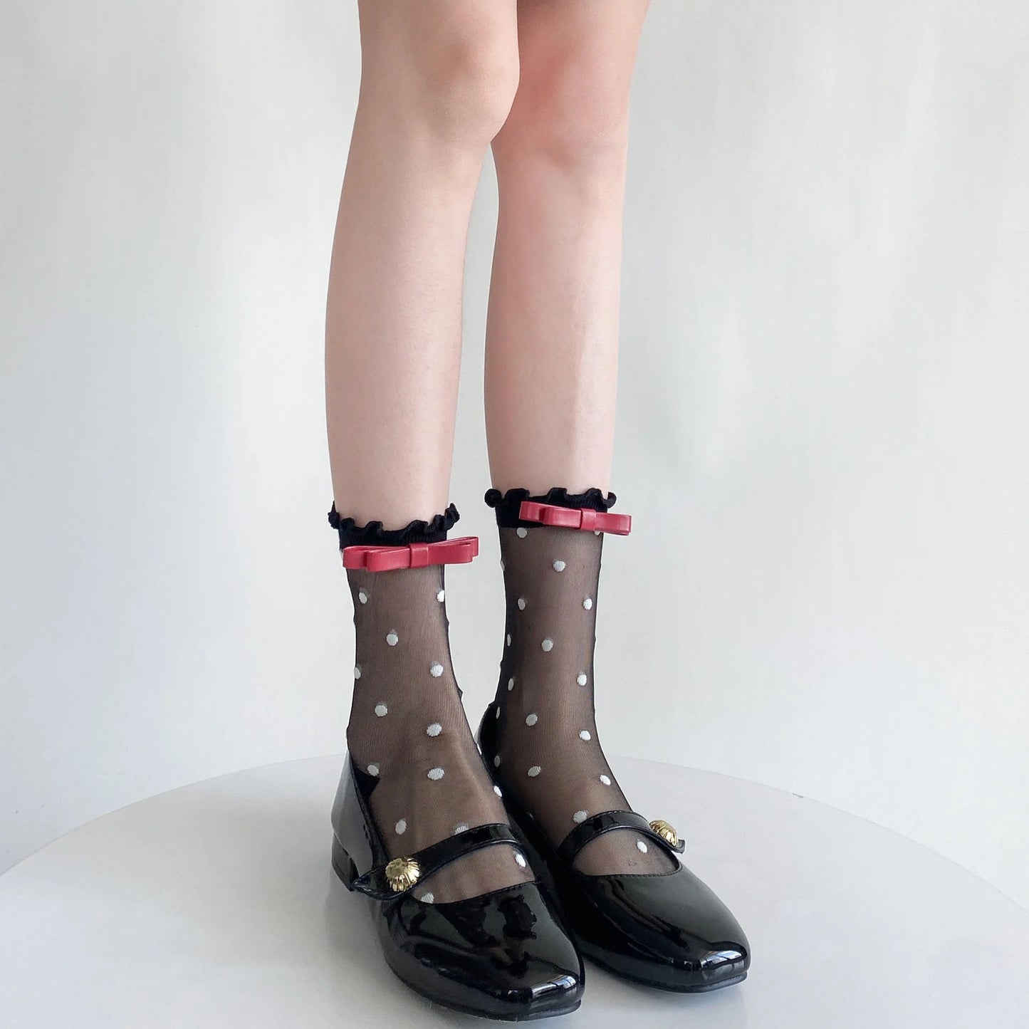 Polka Dot Sheer Socks with Bow Detail - Black & White Cute Ankle Socks