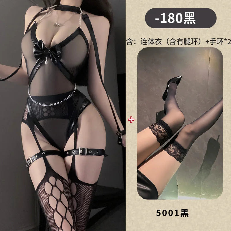 net lace garter belt sheer bodysuit with mesh stockings seductive bondage