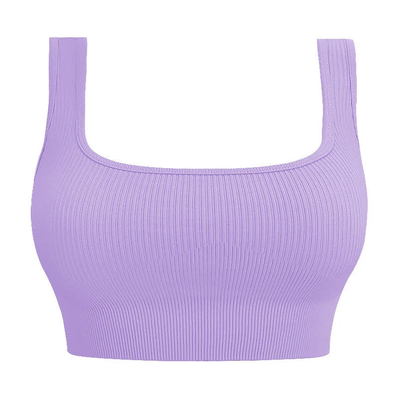U-Back Ribbed Crop Tank Top with Built-in Pads