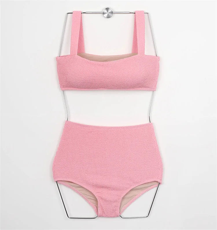 high waist two piece bikini set, colour blocking, figure sculpting swimwear