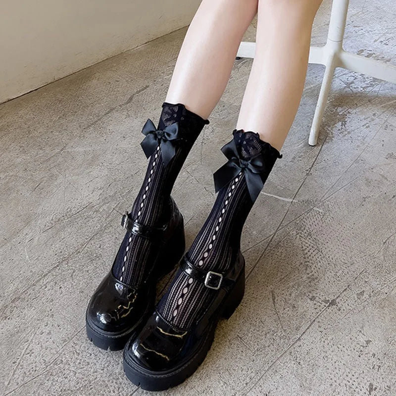 Lace Bow Mid-Calf Socks for Women - Cute Butterfly Frill Knee High Socks