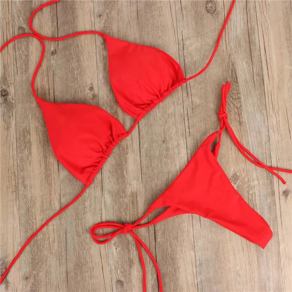 Pure Colour Three-Point Bikini with Adjustable Ties