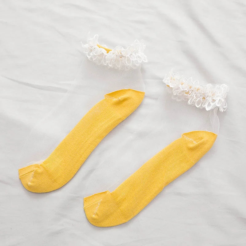 Lace Trim Sheer Ankle Socks - Cute Ruffle Cotton Socks