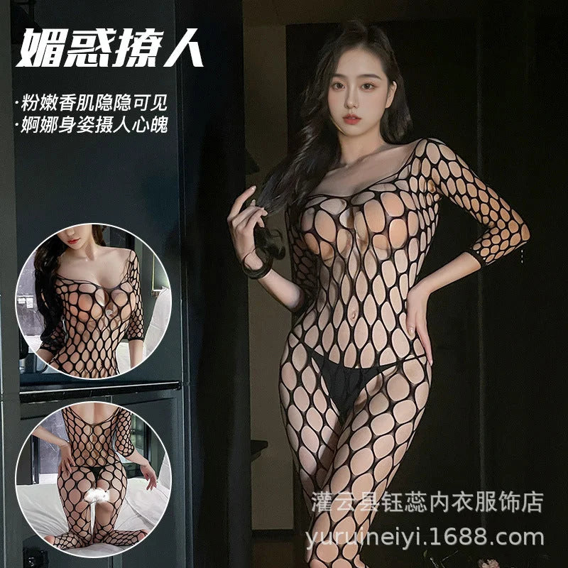 Transparent Black Bodysuit Lingerie with Open Front Stockings