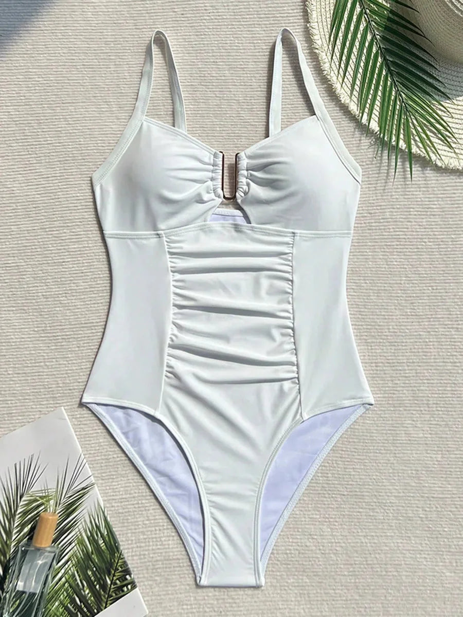 V Neck Pleated One Piece Swimsuit - High Cut Tummy Control Bathing Suit