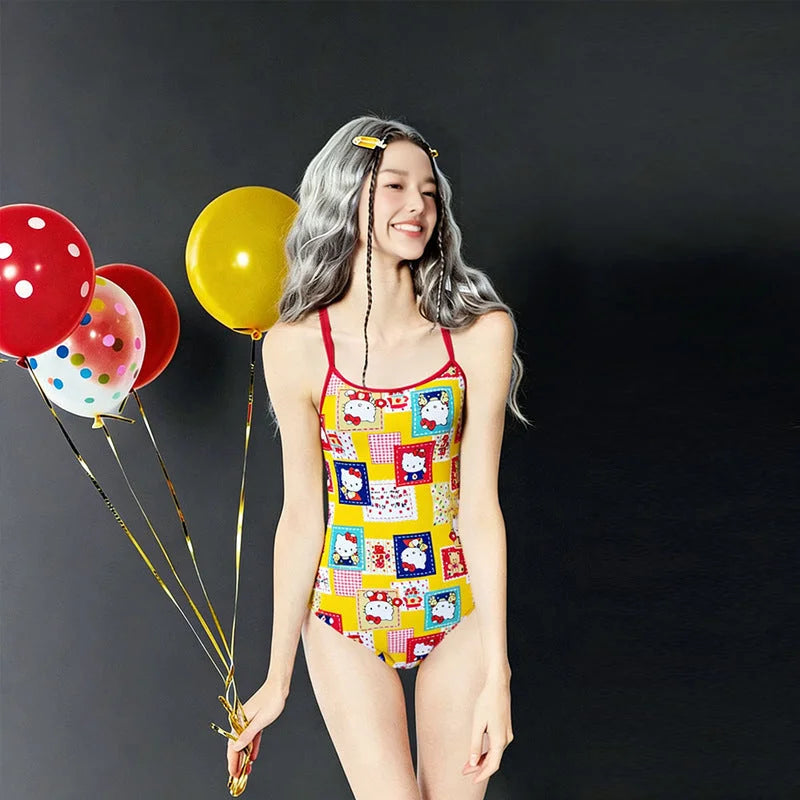 High-cut one piece swimsuit, modest coverage, high-waisted racer