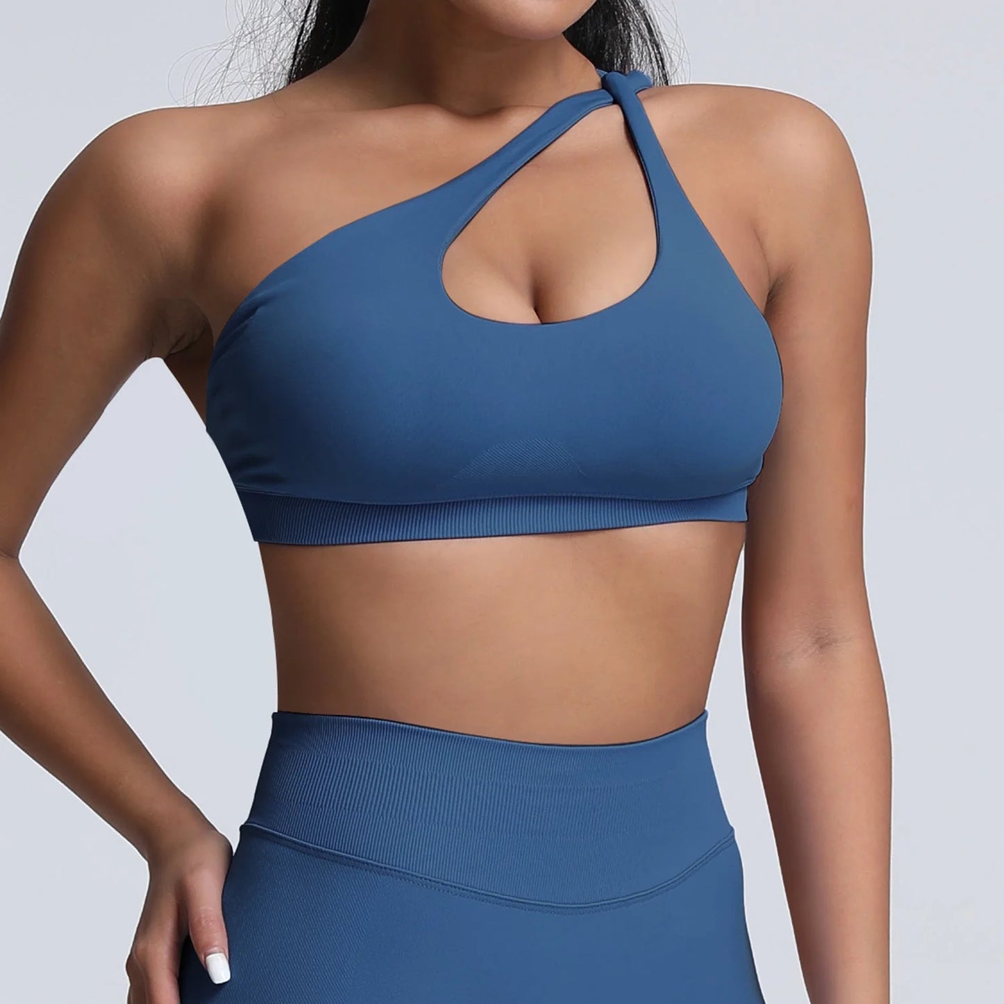 seamless matte nylon sports bra with shoulder strap and open back