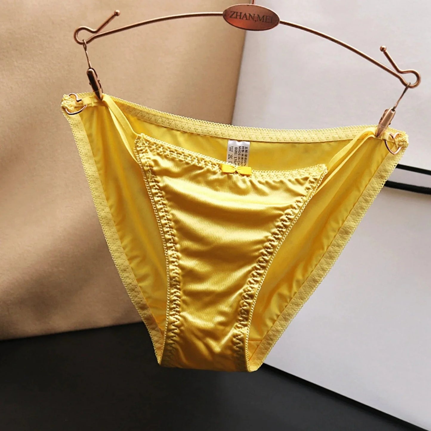 French Bow Low Waist Seamless Satin Hollow Out Panties for Women