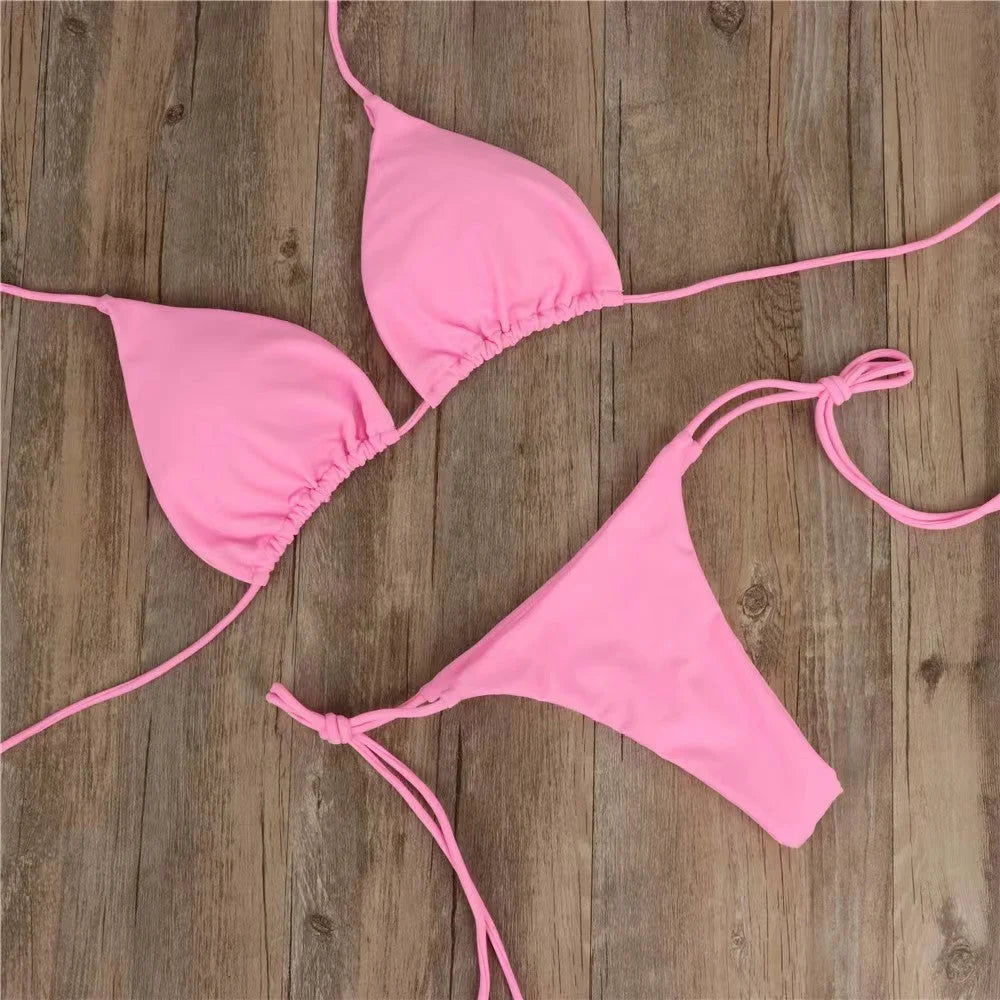 Pure Colour Three-Point Bikini with Adjustable Ties