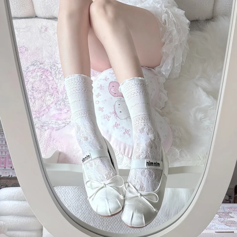 Sheer Lace Mid-Calf Socks Ballet Style Floral Mesh Tulle Socks