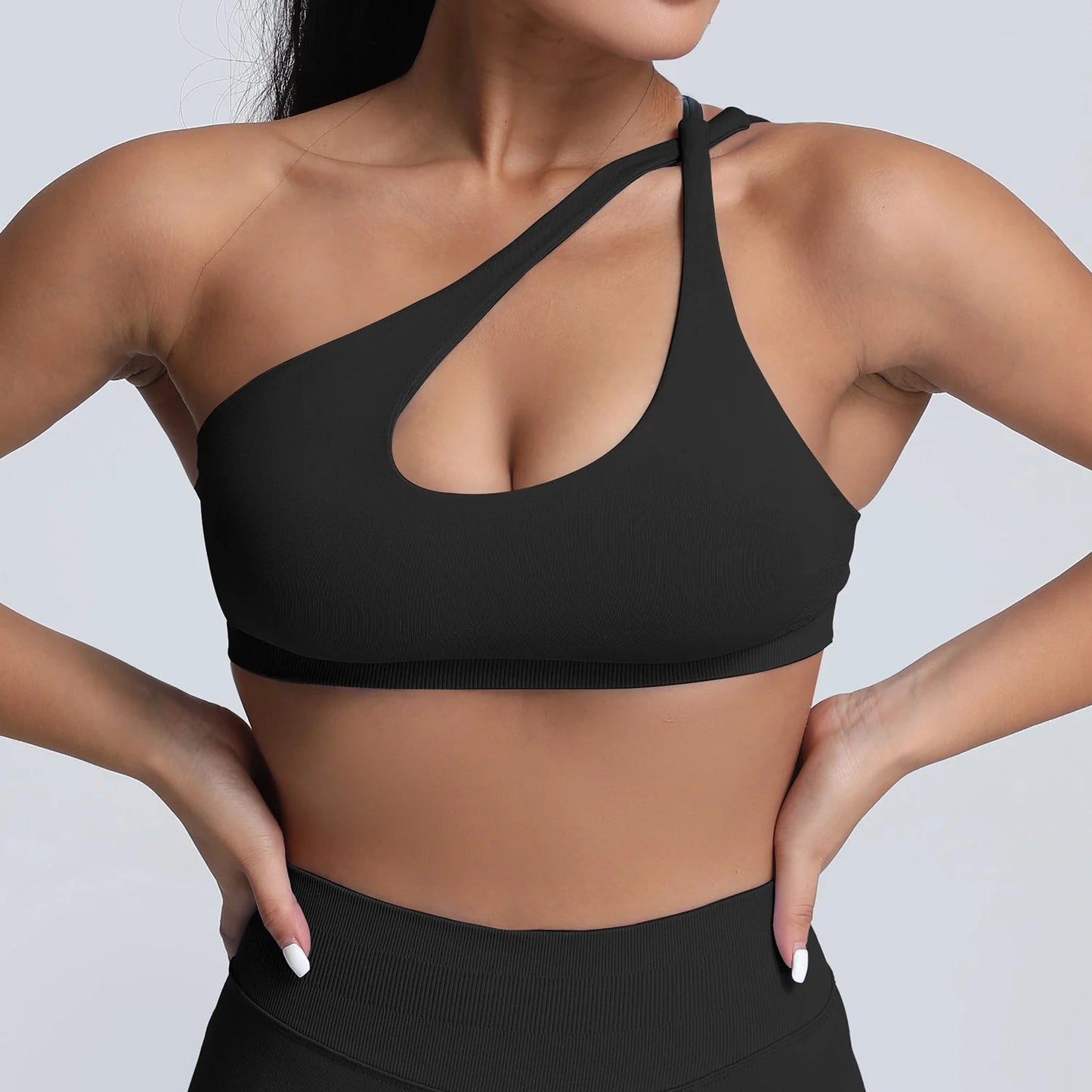 seamless matte nylon sports bra with shoulder strap and open back