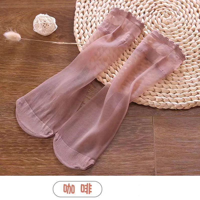 Ultra Sheer Thin Summer Stockings for Women - Ruffled Edge Ice Silk Socks
