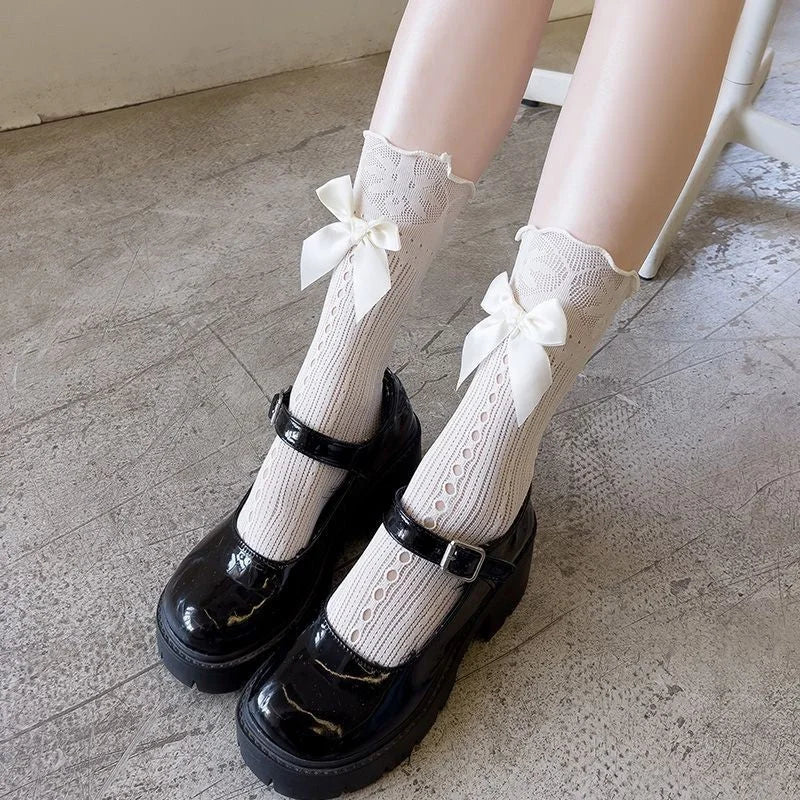 Lace Bow Mid-Calf Socks for Women - Cute Butterfly Frill Knee High Socks