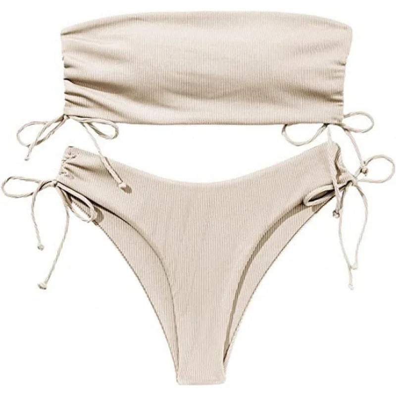 Pure Colour Bandeau Bikini Set with Drawstring Ties