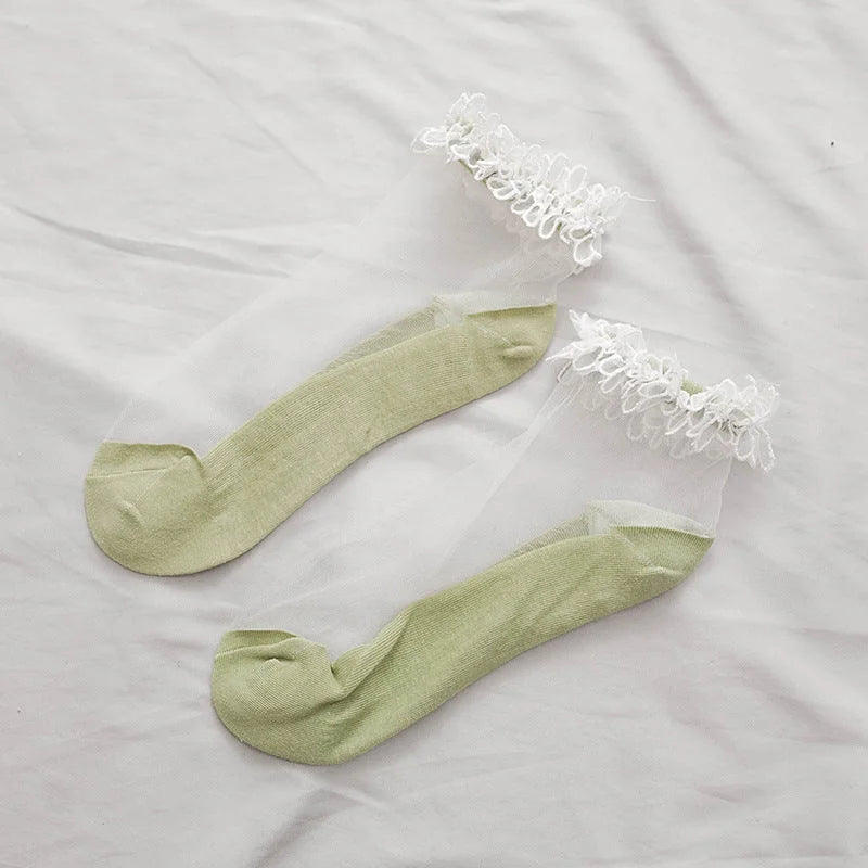 Lace Trim Sheer Ankle Socks - Cute Ruffle Cotton Socks