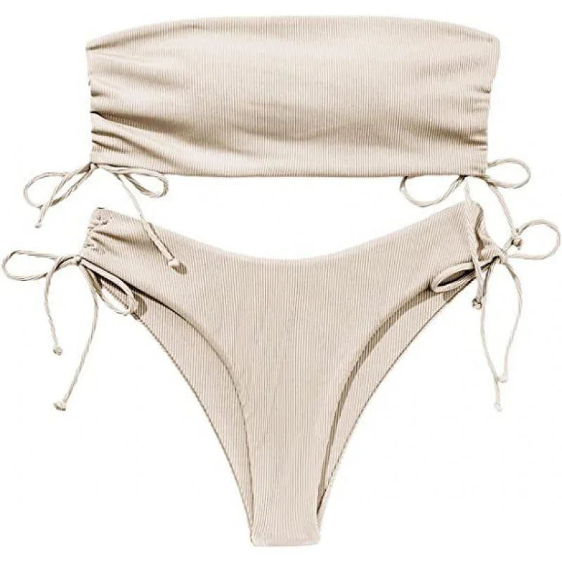 Sexy Ruched Bandeau Bikini Set - Pure Color Swimwear