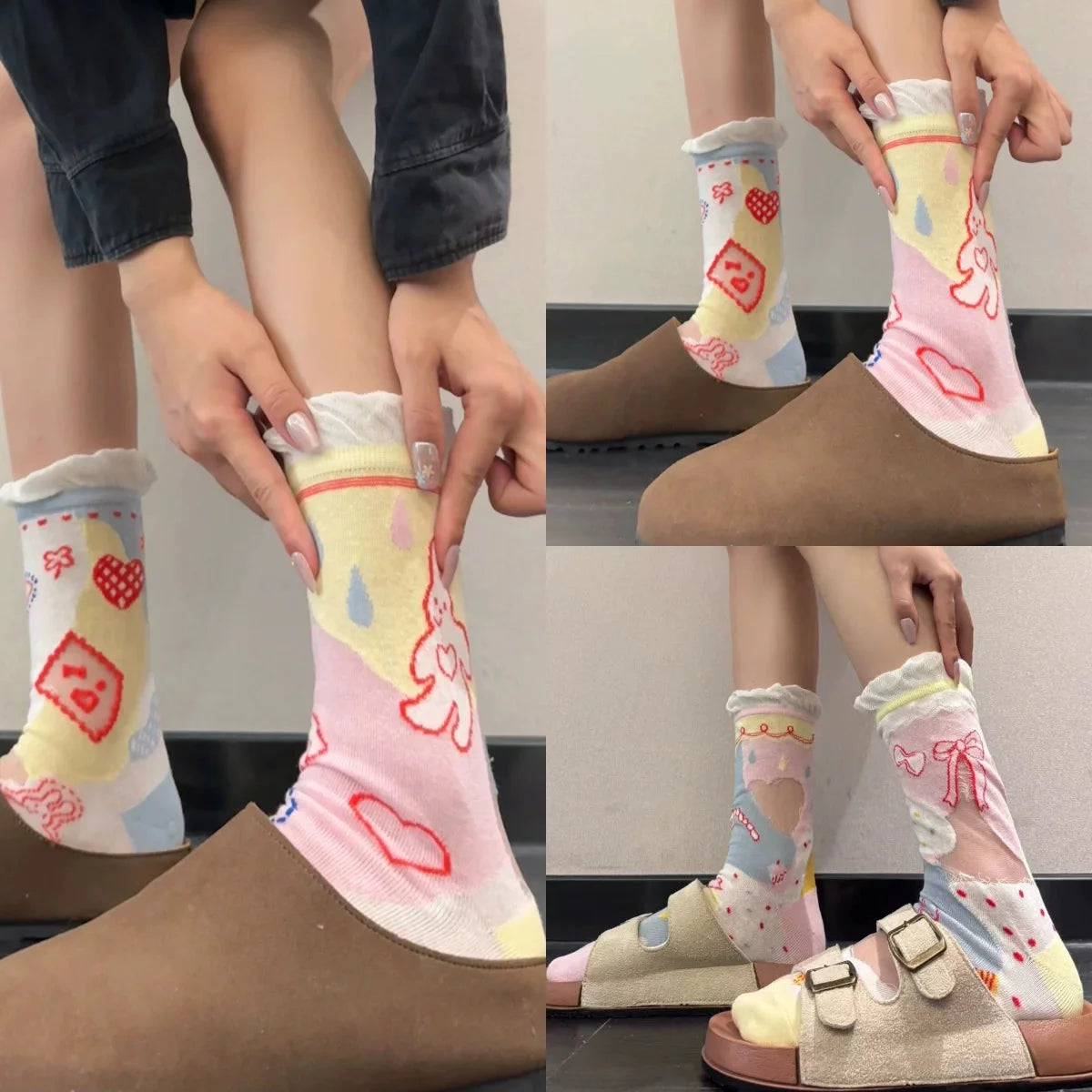 Cute Patterned Crew Socks for Women - Girly Bow Heart Bunny Designs