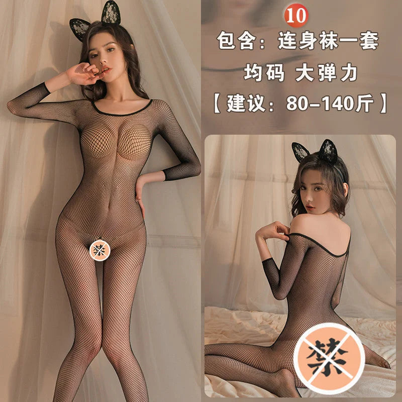 transparent sheer open crotch teddy bodysuit with black stockings & sheer mesh