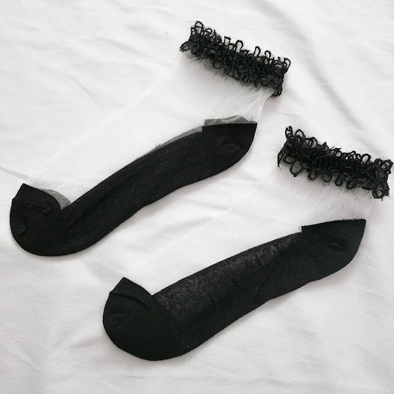 Lace Trim Sheer Ankle Socks - Cute Ruffle Cotton Socks