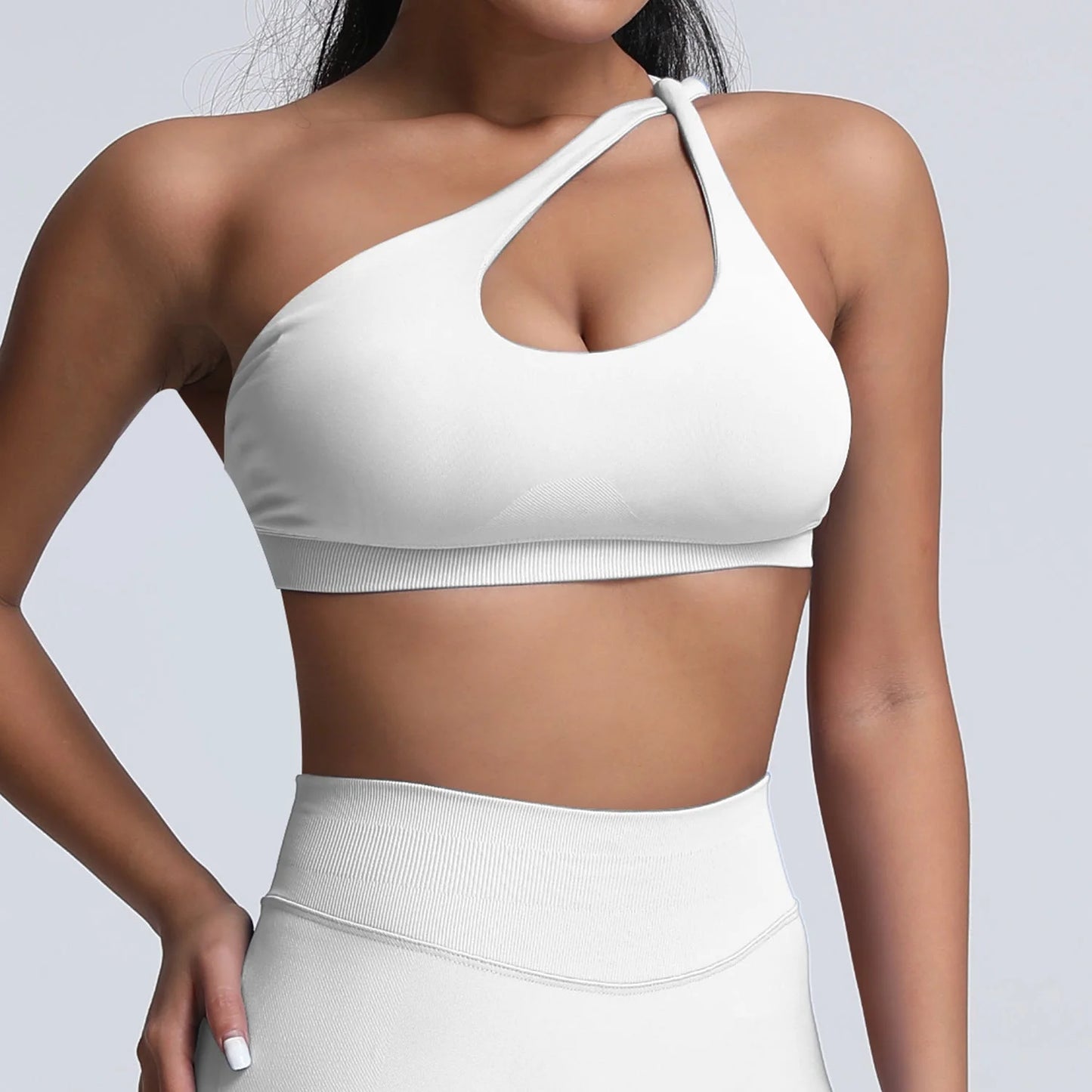 seamless matte nylon sports bra with shoulder strap and open back