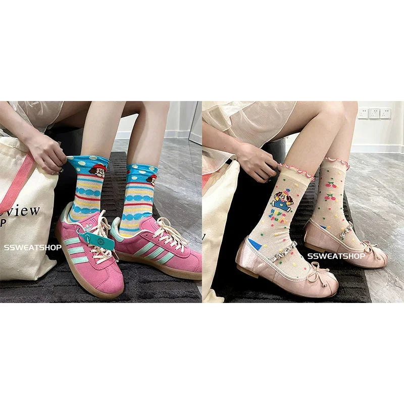 Sheer Lace Cute Dog Pattern Mid Calf Socks for Women - Breathable Thin Fashion