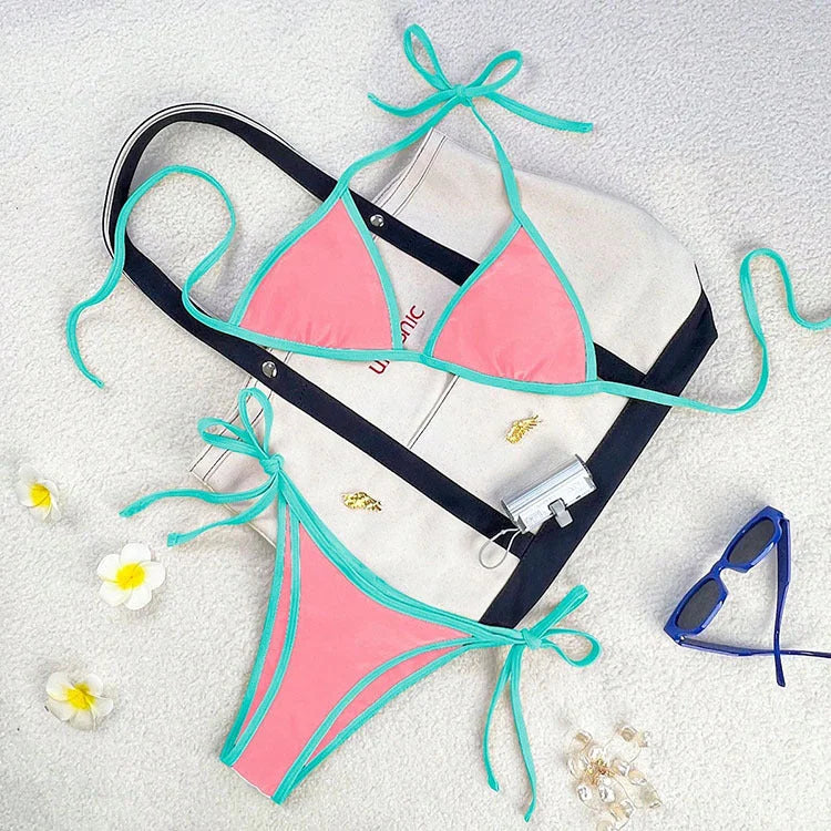 Colourful Tie-Strap Bikini Set with Bold Contrast Piping