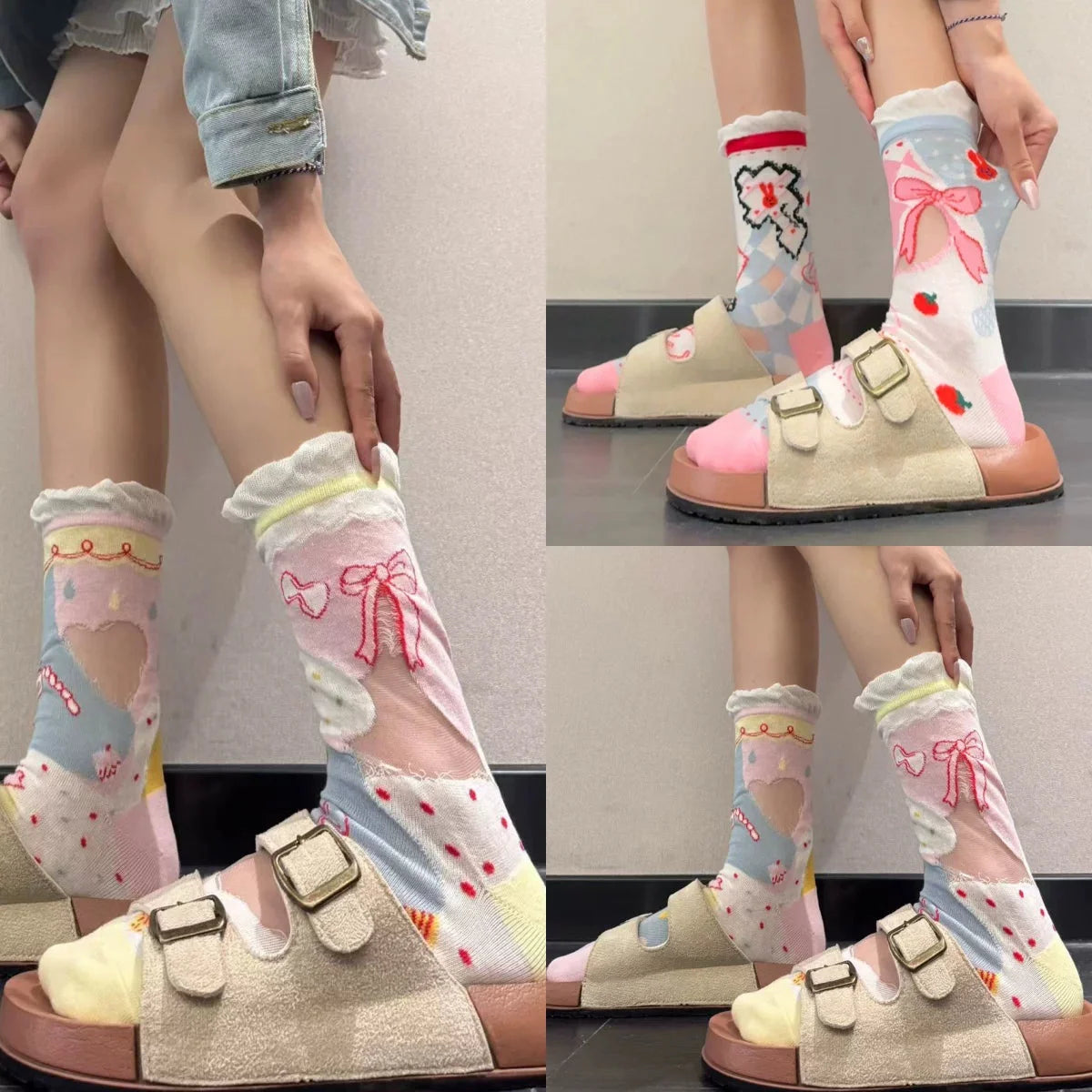 Cute Patterned Crew Socks for Women - Girly Bow Heart Bunny Designs