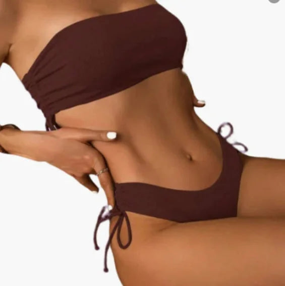 Pure Colour Bandeau Bikini Set with Drawstring Ties