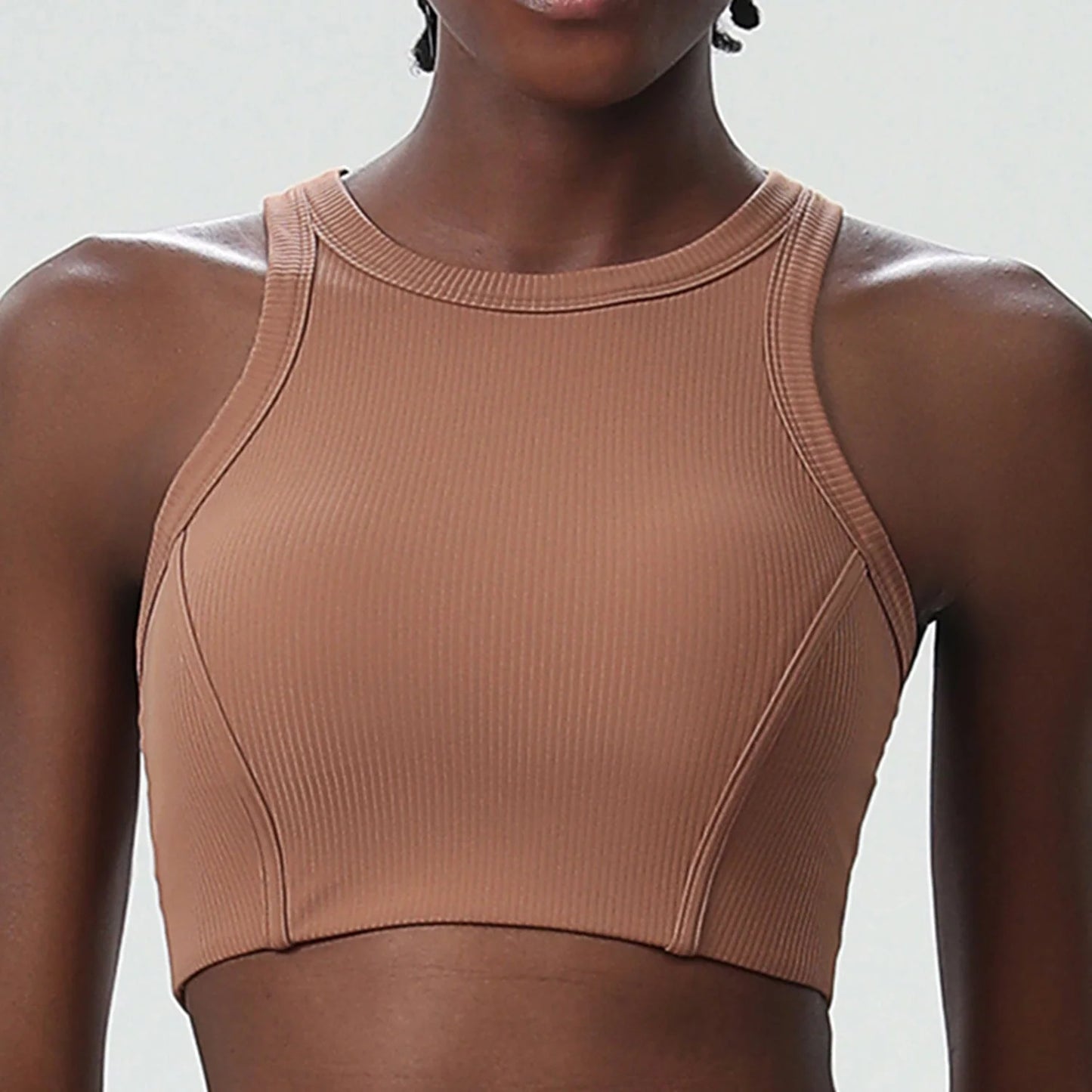 Liana Stripe High-Neck Sports Bra - High Support Yoga Bra with Removable Cups