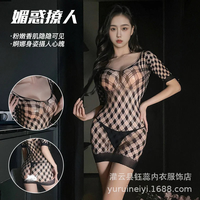 Transparent Black Bodysuit Lingerie with Open Front Stockings