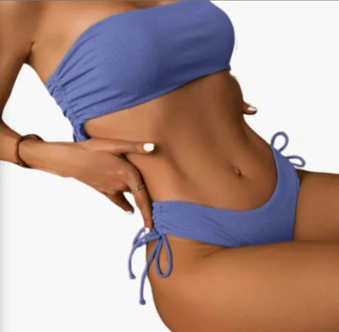 Pure Colour Bandeau Bikini Set with Drawstring Ties