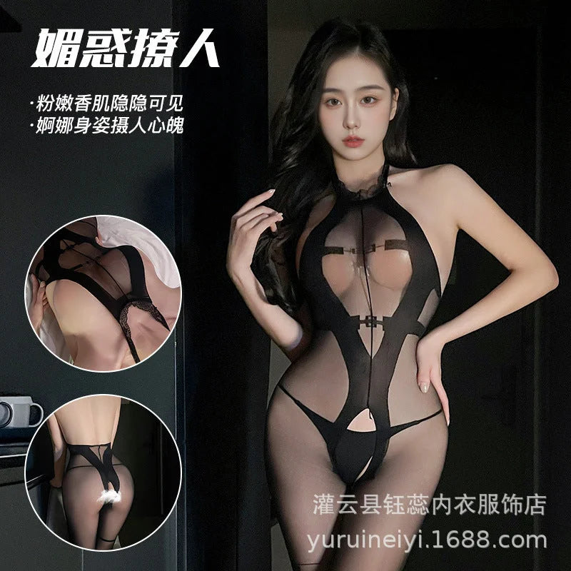 Transparent Black Bodysuit Lingerie with Open Front Stockings