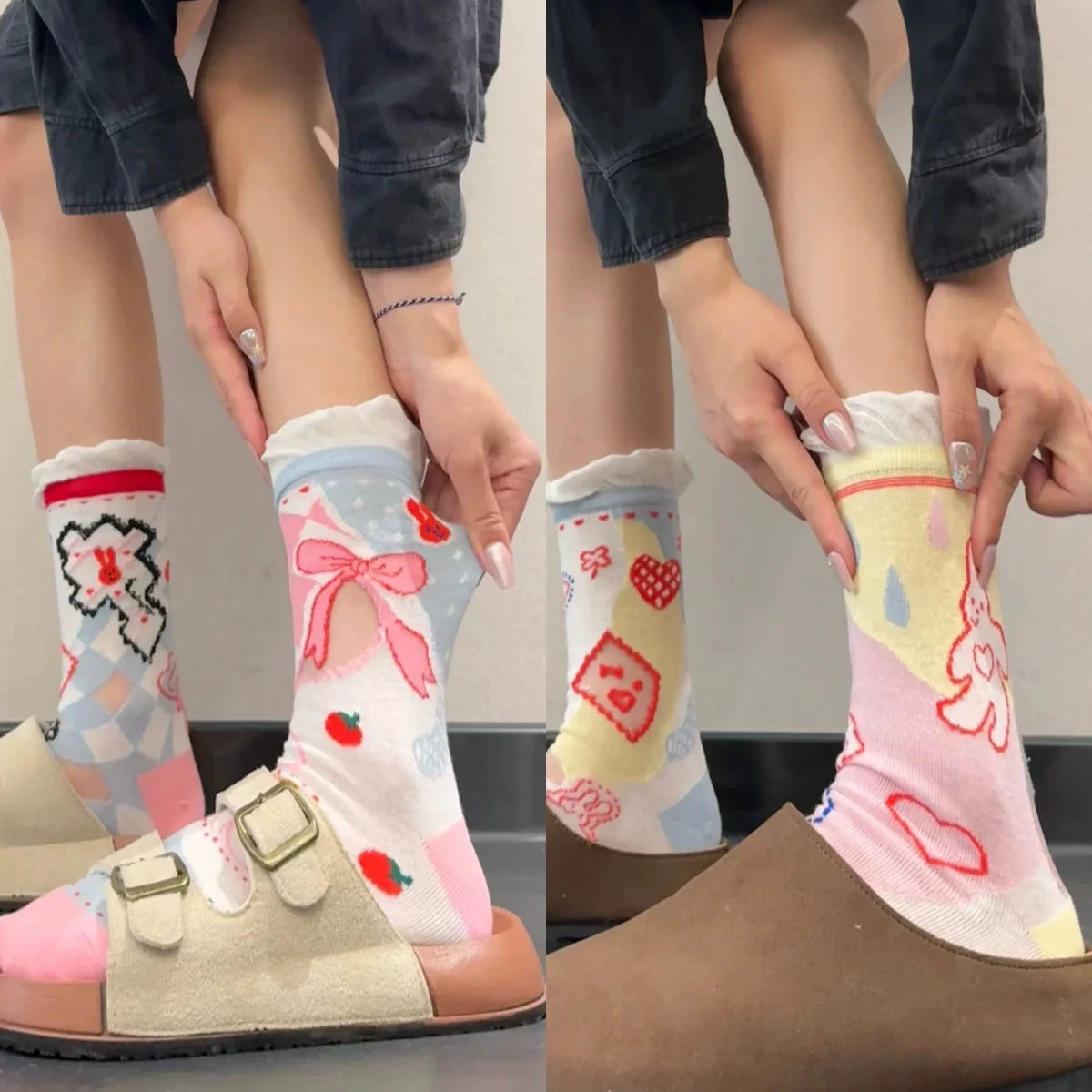 Cute Patterned Crew Socks for Women - Girly Bow Heart Bunny Designs