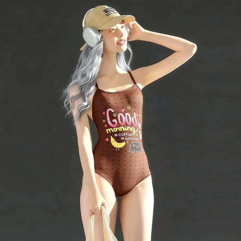 High-cut one piece swimsuit, modest coverage, high-waisted racer