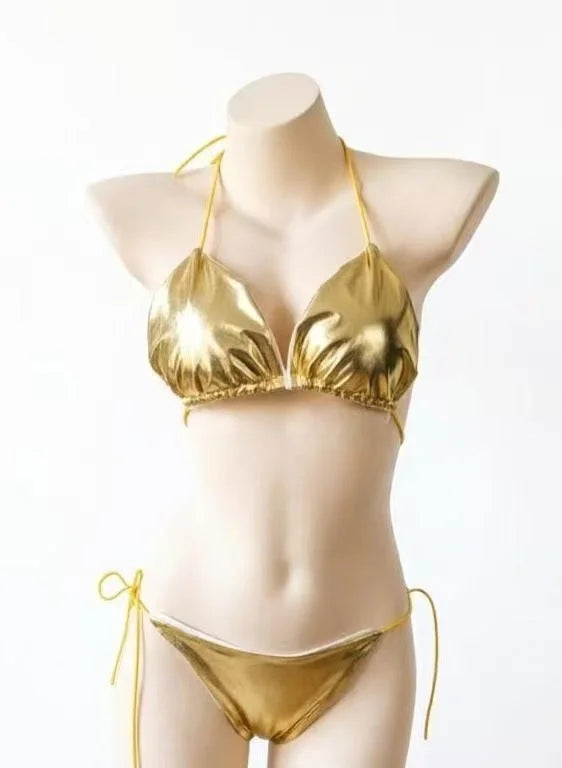 Pure Colour Three-Point Bikini with Adjustable Ties