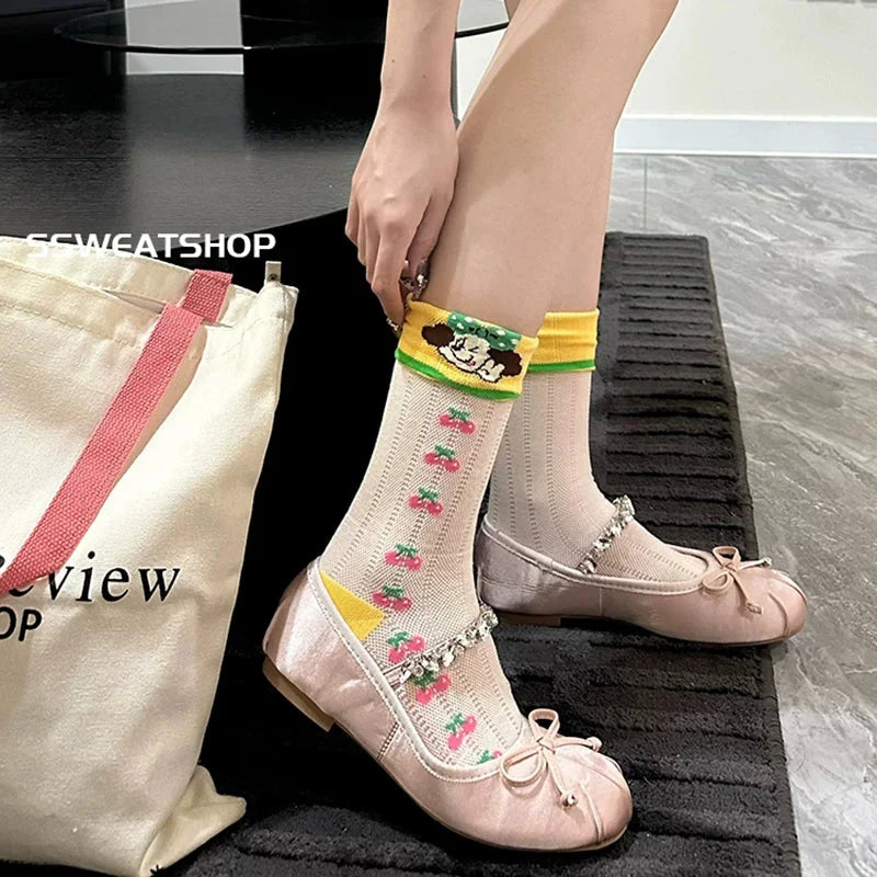 Sheer Lace Cute Dog Pattern Mid Calf Socks for Women - Breathable Thin Fashion