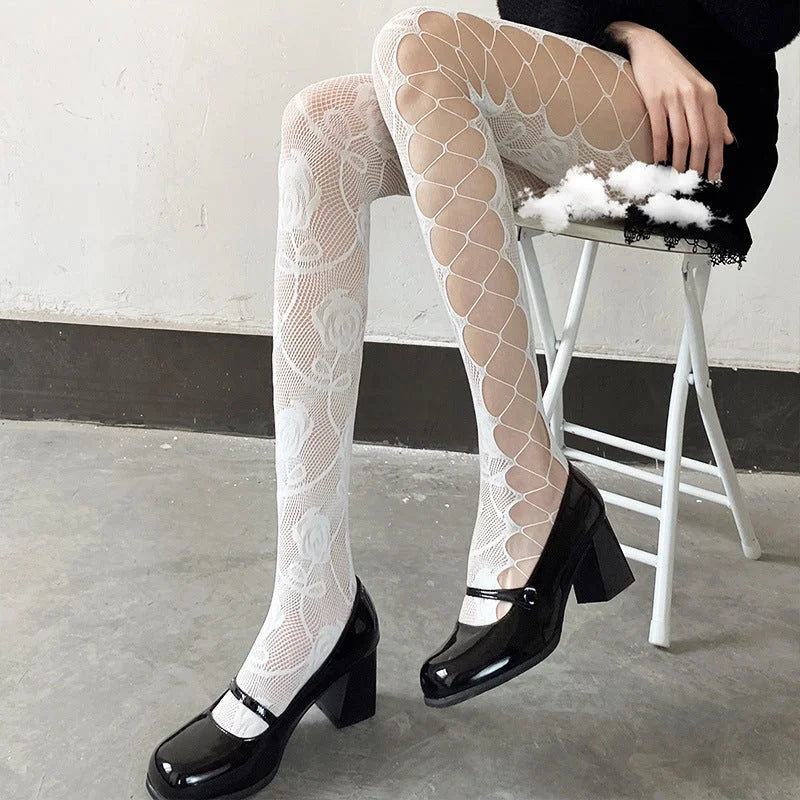 Ripped Lace Fishnet Tights Cutout Stockings Y2K Punk Style