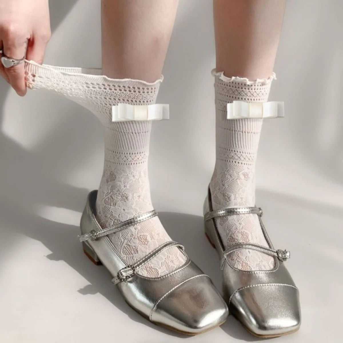 Lace Bow Mid-Calf Socks for Women - Cute Butterfly Frill Knee High Socks