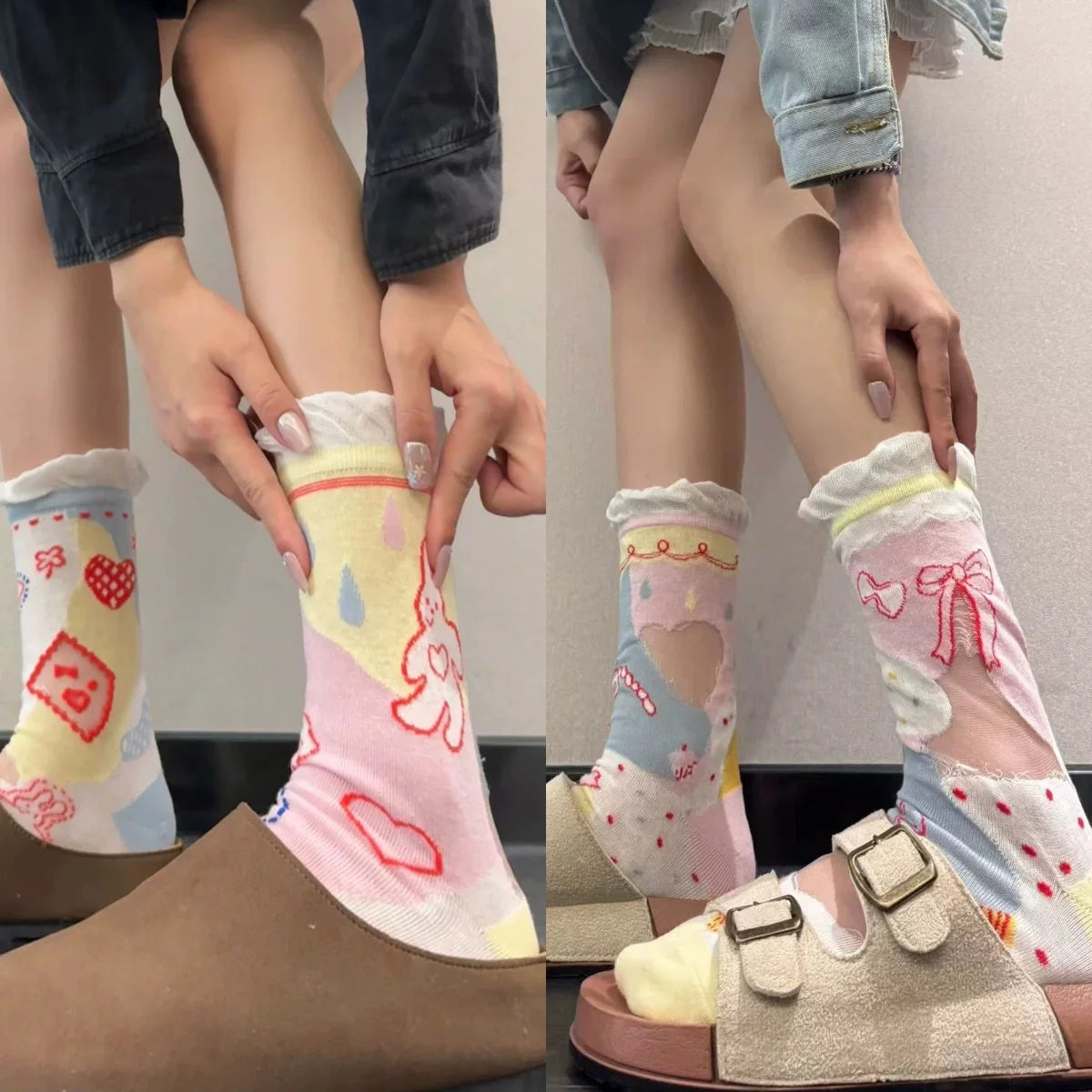 Cute Patterned Crew Socks for Women - Girly Bow Heart Bunny Designs
