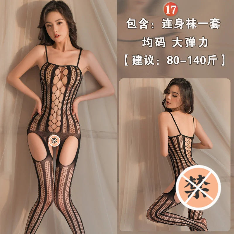 transparent sheer open crotch teddy bodysuit with black stockings & sheer mesh