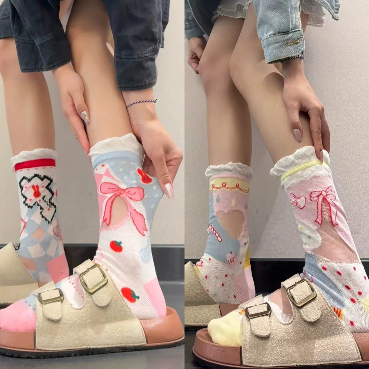 Cute Patterned Crew Socks for Women - Girly Bow Heart Bunny Designs