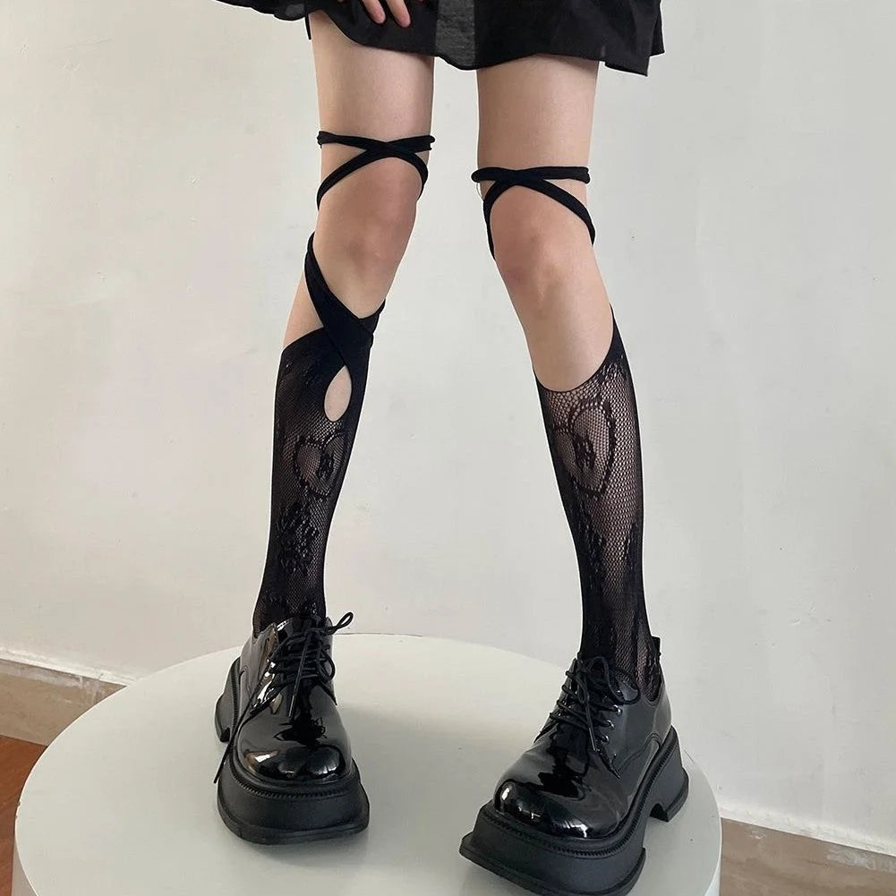 Lace Bow Mid-Calf Socks for Women - Cute Butterfly Frill Knee High Socks