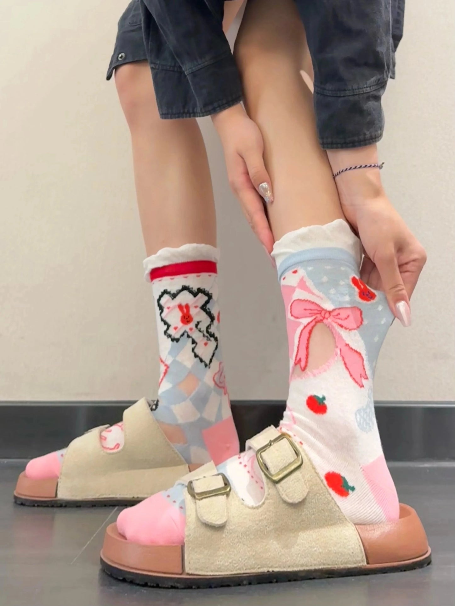 Cute Patterned Crew Socks for Women - Girly Bow Heart Bunny Designs