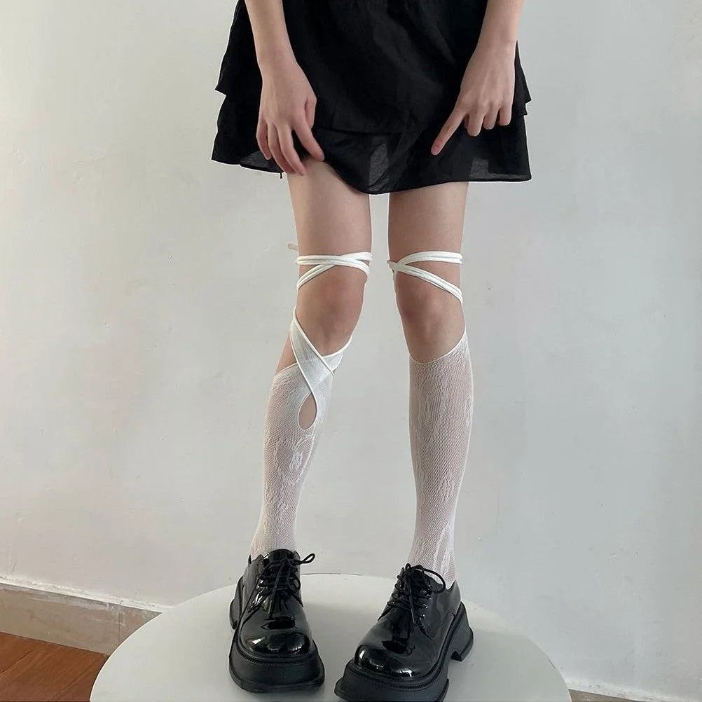 Lace Bow Mid-Calf Socks for Women - Cute Butterfly Frill Knee High Socks