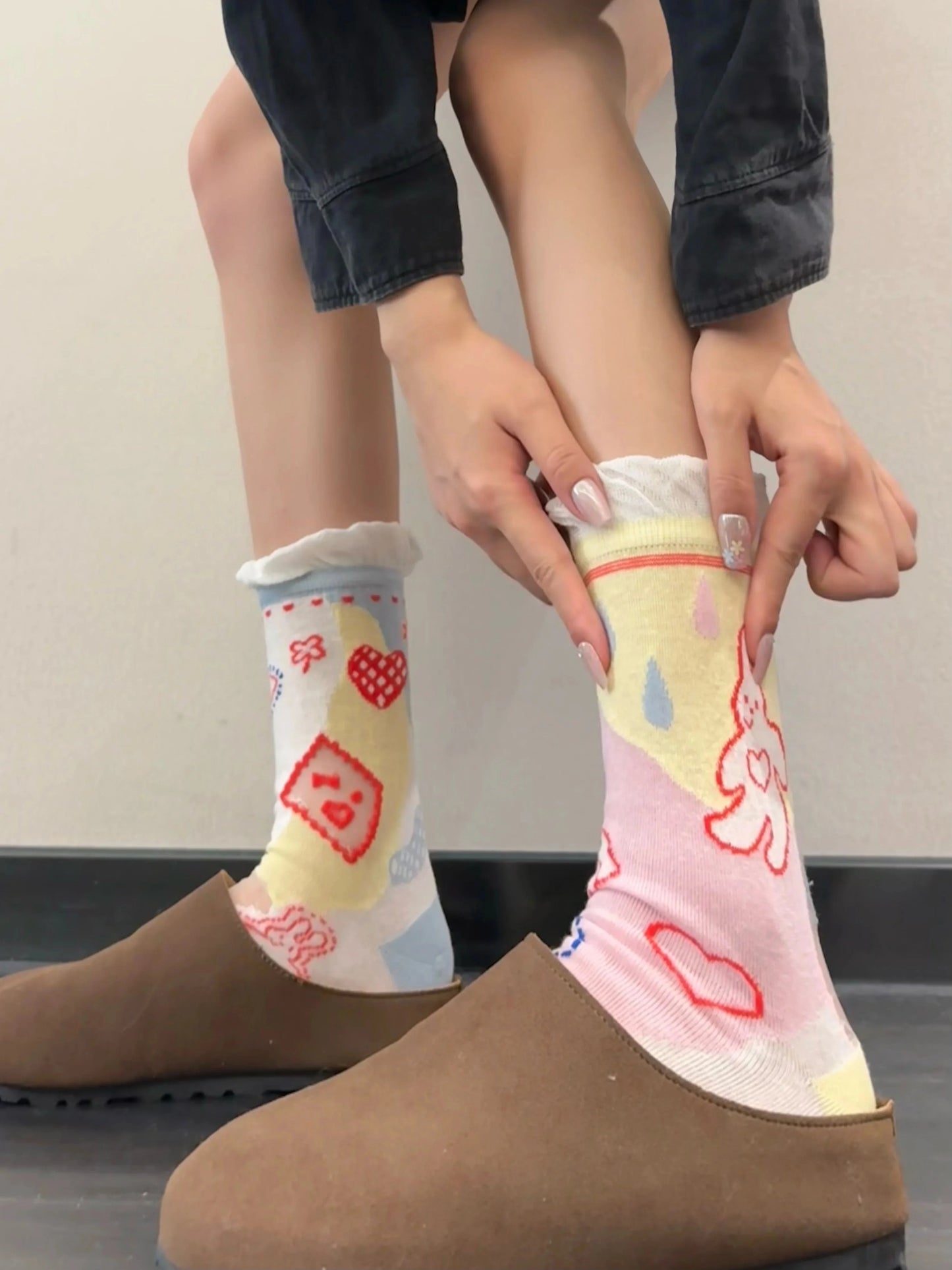 Cute Patterned Crew Socks for Women - Girly Bow Heart Bunny Designs