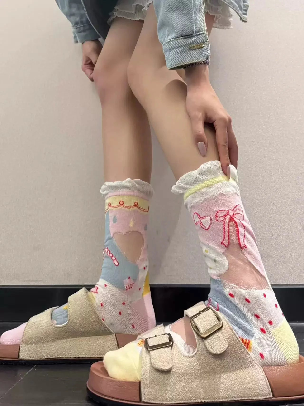 Cute Patterned Crew Socks for Women - Girly Bow Heart Bunny Designs