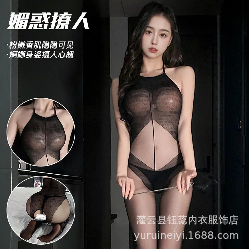 Transparent Black Bodysuit Lingerie with Open Front Stockings