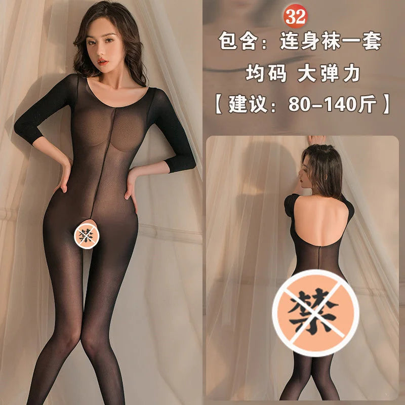 Black Mesh One-Piece Lingerie with Detachable Open Design and Stockings