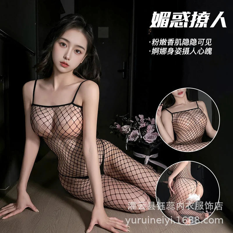 Transparent Black Bodysuit Lingerie with Open Front Stockings