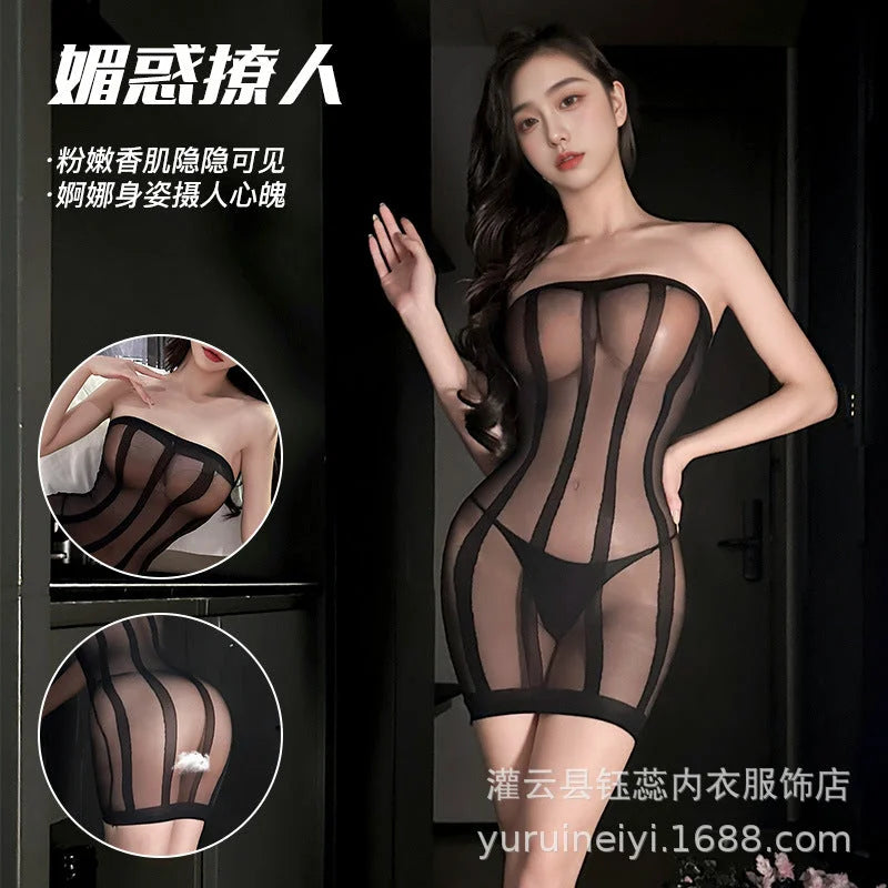 Transparent Black Bodysuit Lingerie with Open Front Stockings